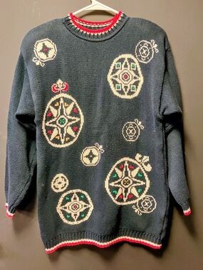 Vintage Liz Sport Holiday Nautical Compass Pattern Navy Knit Sweater Petite S